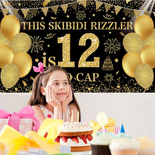 Image of Black Gold This Skibidi Rizzler is 12 No Cap Happy Birthday Backdrop Banner Photography Background Decorations for Boys Girls 12th Year Bday Party Accessories Supplies 72.8 * 43.3in