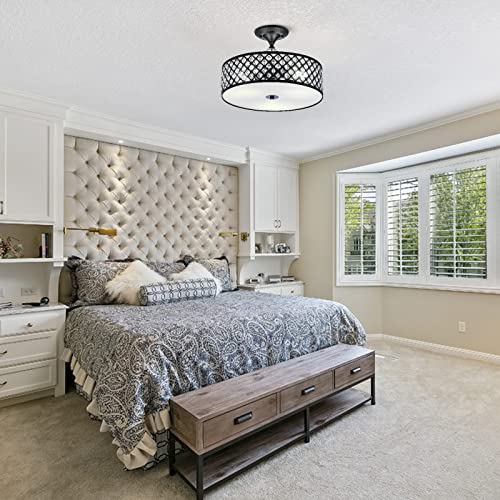 Crystal Chandeliers Semi Flush Mount Ceiling Light Fixture, Modern 3 Lights Black Finish Round Shade Chandeliers For Living Room Bedroom Entryway Dining Room, 15” E26 #TOP4