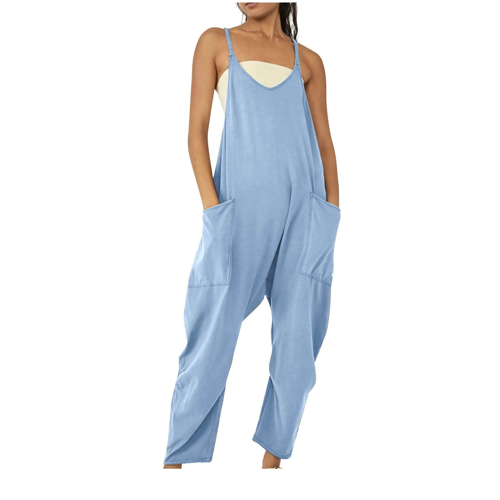 SMIDOW Jumpsuit For Women Dressy Casual Loose Sleeveless Spaghetti Strap Stretchy Wide Leg Long Pant Romper With Pockets, #016 Light Blue, Large