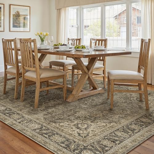 9x12 Brown Vintage Area Rug for Living Room Bedroom Large Traditional Low Pile Soft Carpet Non-Slip Thin Retro Distressed Accent Washable Throw Rug for Dining Room Office Kitchen Indoor