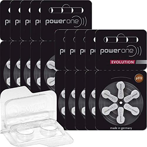 Power One Evolution - 60 batterie per apparecchi acustici da 1,45 V (10 blister da 6 pezzi) + scatola per 2 batterie per apparecchi acustici (60 batterie, marrone)