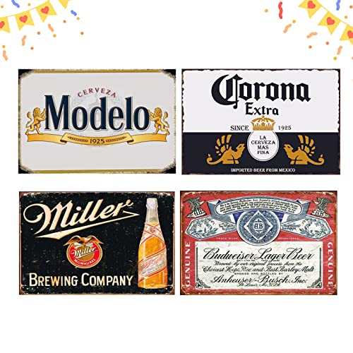Vintage Beer Signs Collection - 4 Piece Bundle for Bar & Home Decor 8x12 Inch Retro Metal Bar Signs - Ideal for Farmhouse Garage Home Bar Settings