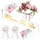 Picture of 4 Pieces Pink Baby Shower Sash for Mommy and Daddy Mom to Be Sash Dad to Be Pin Flower Crown Headband Kit for Gender Reveals Baby Shower Decoration Party Favors for Pregnancy Props Gift (Flower Style)
