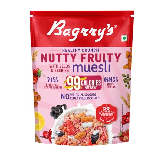 Bagrry's Crunchy Nutty Fruity Muesli with Seed & Berries 425g | 78% Fruit, Nuts, Seeds & Multigrains | 99 Calories per serve | Rich in Fibre & Protein | No Artificial Preservatives or Colours | Breakfast Cereal