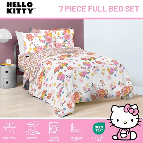 Image of Sanrio Hello Kitty Full Comforter Set 7 Piece Floral Bedding, Multi | Bed in a Bag, Comforter Sheets Shams Pillowcases, Official Product, Soft Microfiber, Machine Washable, Girls Gift