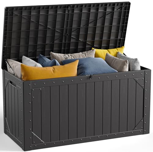 MAKE CHANGES 100 Gallon Outdoor Storage Box, Waterproof Resin Deck Box Organizer for Patio Cushion Storage, Lockable Outside Container for Garden Tools