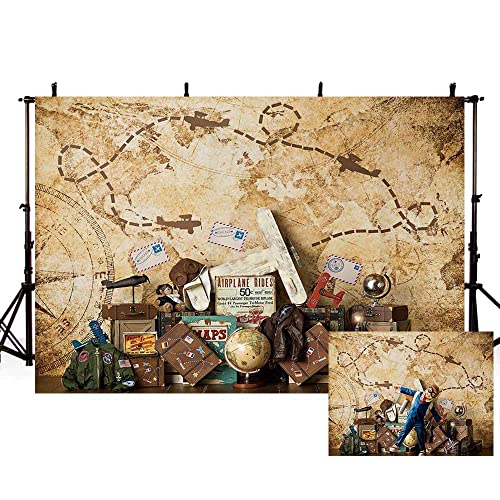AIBIIN 2,1x1,5 m Toile de Fond pour Photographie de garçon,Motif Carte du Monde,Aventure, Avion, fête prénatale, fête d'anniversaire, gâteau,Décoration...