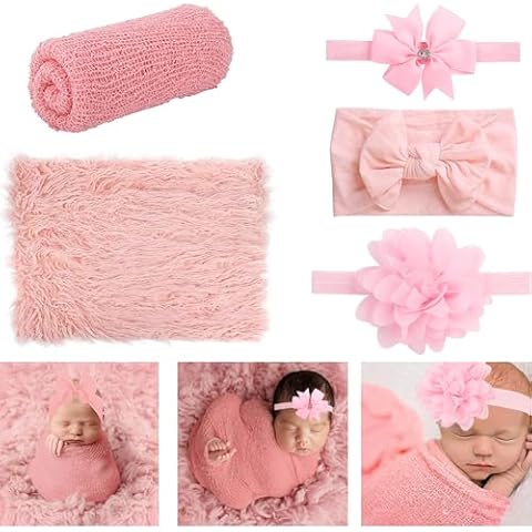 AOKE Newborn Photography Props, 5 PCS Baby Photo Props Long Ripple Wraps with Headbands, Pink Baby Photography Wrap Set for Baby Girl and Boy Cover