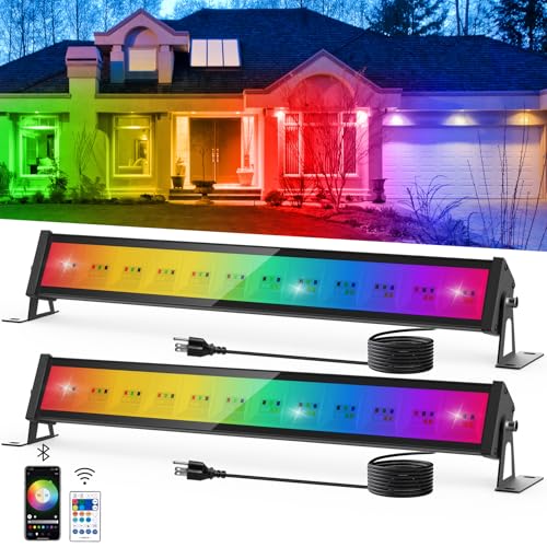 Image of T-SUN RGB Flood Light Bar 2 Pack 50W RGBCW Outdoor Wall Washer Flood Lights, Color Changing LED Wash Lights with APP & Remote Control, Music Sync, Timer, Memory, 2700K-6500K for House Garden Party
