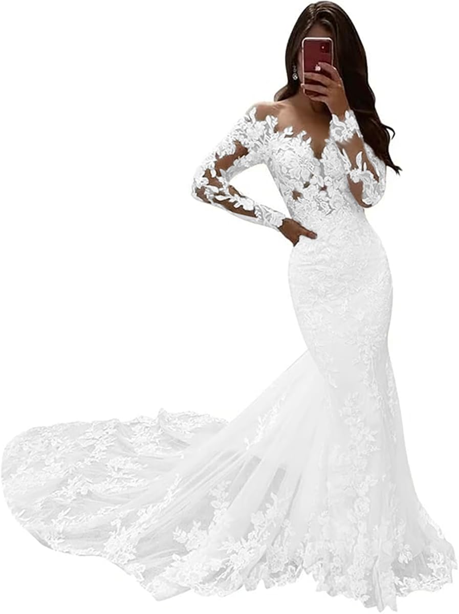 V Neck Mermaid Tulle Wedding Dresses for Women 2026 Court Train Backless Bridal Gown with Hollow-Out Laces Applique