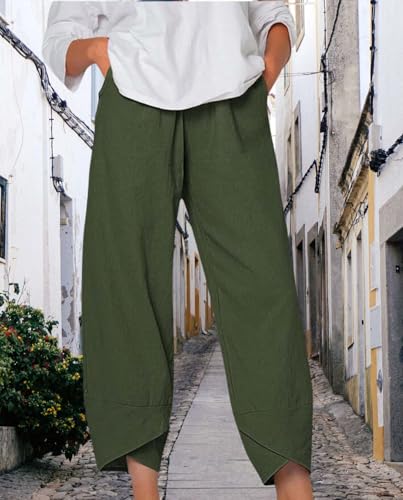 Boho Capri Pants for Women 2025 Summer High Elastic Waist Wide Leg Trousers Casual Plus Size Comfy Pant with Pockets4