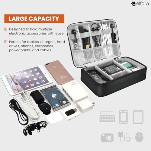 Image of Elfora Cable Organizer Bag | Single Compartment Electronics Gadget Case for Cables, USB Charger, Phone, Earphone & Power Bank | Portable Travel Accessory Pouch with Mesh Pockets & Handle Strap (Black)