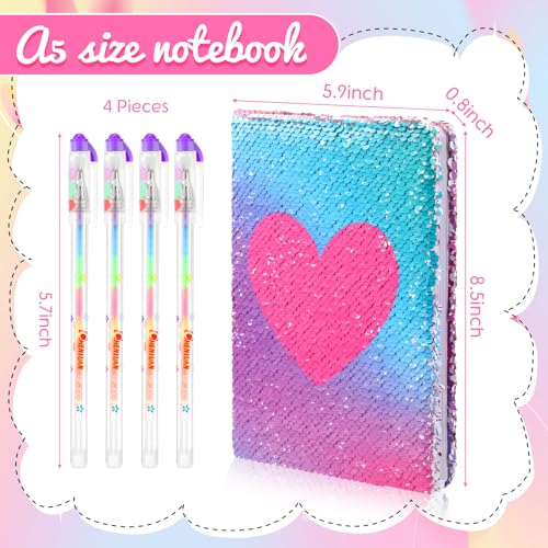 Image of Outus 4 Pcs Sequin Girls Journal Valentines Journal Gift with Color Gel Ink Pens Glitter Notebook Flip Writing Diary for Kids Girl Writing Drawing Travel Gifts(Gradient Pink,Heart)