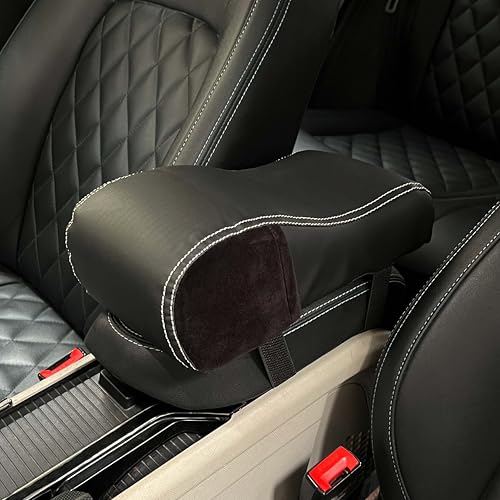 Image of Carigiri Comfirest Armrest Cushion for Car|Orthopedic Foam Arm Cushion|Universal for All Cars|Armrest Support,Height Extender(Double Stitching,Nappa Leather,Dual Mobile Pockets,Black with White Seam)