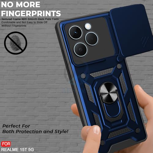 Image of AESTMO Tough Armor Realme 15T 5G Bumper Back Case Cover | Ring Holder & Sliding Camera Shield Cover | 360 Degree Protection Back Case Cover for Realme 15T 5G (Blue)