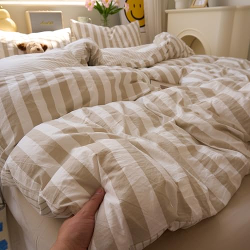 Image of VM VOUGEMARKET Khaki Striped Duvet Cover Set Queen Teens Boys Girls Dorm Bedding Set Soft Lightweight Reversible Microfiber Farmhouse Duvet /Quilt Cover-90 x90,Khaki White