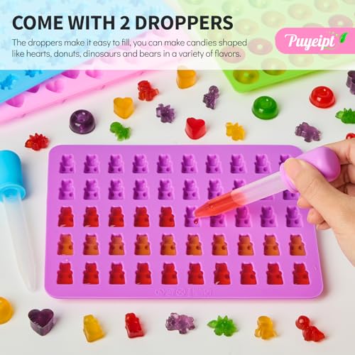 image for Puyeipt 4 PCS Silicone Gummy Candy Molds with 2 Droppers, Mini Sized N