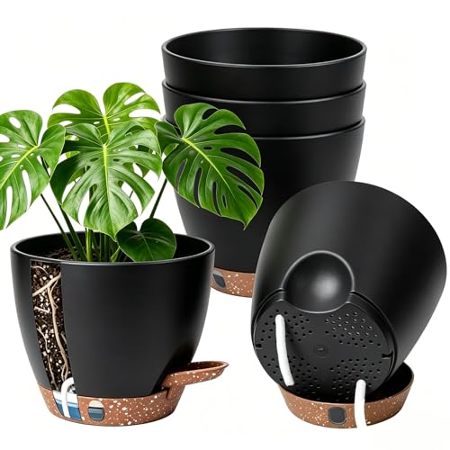 Anhow 5 Pcs Pots de Fleurs en Plastique, 15cm Jardiniere Auto-arrosant, Pots à Fleurs pour Interieur, Exterieur, Balcon - Noir/Lot de 5