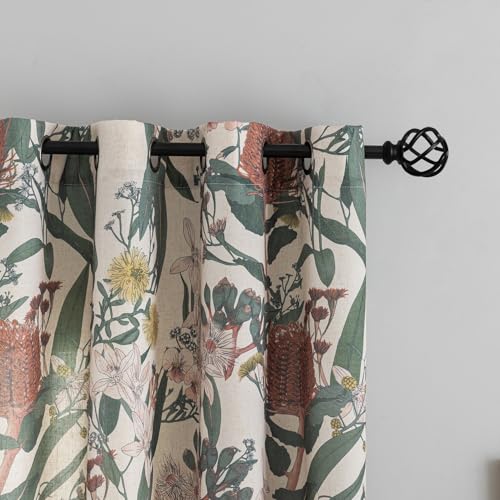Image of Linen Botanical Curtains 63 Inch Length Pair Whimsical Protea Flower Garden Curtains Retro Farmhouse Light Filtering Window Curtain Panels for Dining Room Country Cottage Home Decor 50 inch W x 63 inch L