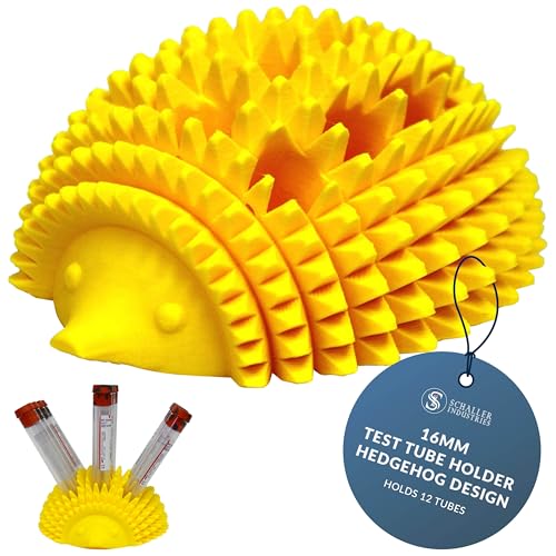 Image of S I Schaller Industries Hedgehog Test Tube Holder, 16mm - Veterinary Blood Test Tube Rack, Holds 12 Vials, Compact Fun Design Organizer for Veterinary and Research Lab Use - Yellow