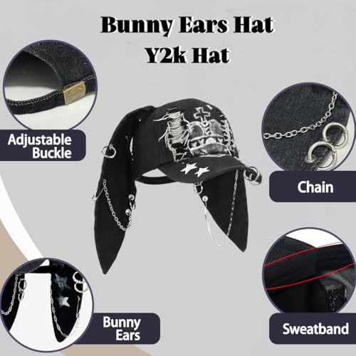 Image of Y2k Hat Punk Hats Denim Bunny Hat Chains Distressed Baseball Cap Kpop Outfits Y2k Grunge Hats for Women