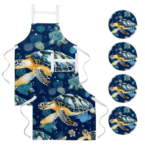 Tabliers de cuisine motif tortues sous-marines taille unique pour nettoyage et pâtisserie