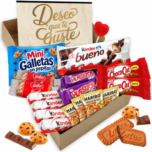 Cajita Regalo con 17 Chocolates Kinder, ChocoCat, Lotus Biscoff y Huesitos