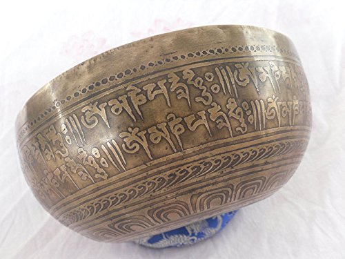 Mantra Carved 8" Crown B Chakra Tibetan Bowls, Beaten Hammered Singing Bowls, Hand Carving, Nepal With Cushion & Striker #TOP2