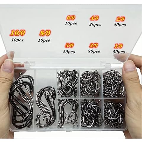 DAMIDEL 200Pcs/Box（Size:10/0... to...1/0 Strong Octopus Fishing Hooks, Forged Steel/Barded Design, Off-Set Point/Closed Eye, Strong/Sturdy, 10/0 8/0 6/0 5/0 4/0 3/0 2/0 1/0 Mixed Packaging Cover