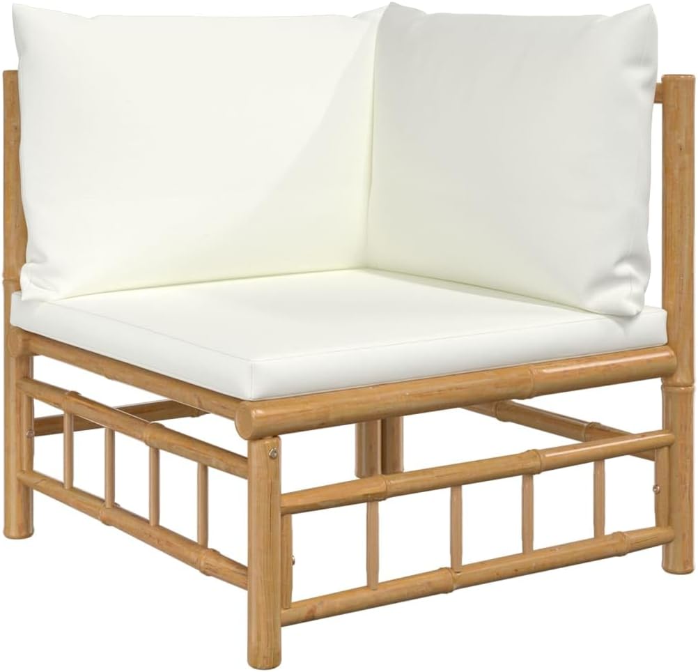 6 Piece Garden Lounge Set with Cream White Cushions, Durable Bamboo Outdoor Furniture, Modular Patio Seating Sofa Set with Comfortable Armrest and Sturdy Table