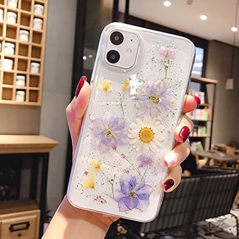 EYZUTAK Case for iPhone iPhone 12 iPhone 12 Pro 6.1 inch, Bling Glitter Sequin Handmade Real Dried Flower Leaf Embedded Pressed Floral Flexible Soft Rubber TPU Protective Back Cover - Light Blue Cover