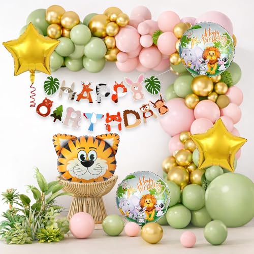 Image of Rozi Decoration Jungle Theme Birthday Decoration Set | 58-Piece Kit with Animal Banner, Tiger Foil Balloon, Green Pink Gold Latex Balloons & Arch Strip | Kids Safari Party Supplies