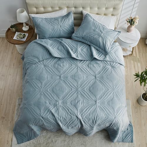 Image of Kingnex Oversized King Bedspreads 128x120 for Tall King or Cal King Bed Ultrasonic Quilted Coverlet Set 3 Piece Include 1 Extra Wide Quilt 2 Pillowcases Blue