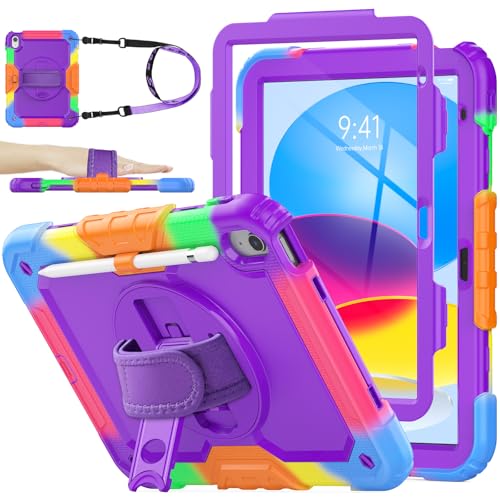 SEYMAC stock iPad(A16) 第11世代/第10世代専用ケース 耐衝撃 ペンホルダー フィルム付き前面カバー 横置き縦置きスタンド 360度回転ハンドストラップ ショルダーストラップ付き（色とりどりパープル）