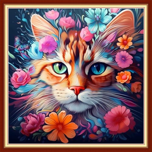 Image of Findvoor Stamped Cross Stitch Kits for Beginner Embroidery Kits for Beginners Adults DIY 11CT Cross Stitch Patterns Needlepoint Kits Crossstitching Kits-Cat Flowers 18x18 inch