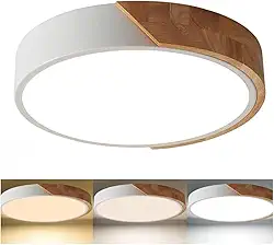 Luminária Plafon LED Redonda, 41cm, 25W, 3 Temperaturas de Cor, Branco e Madeira, Bivolt