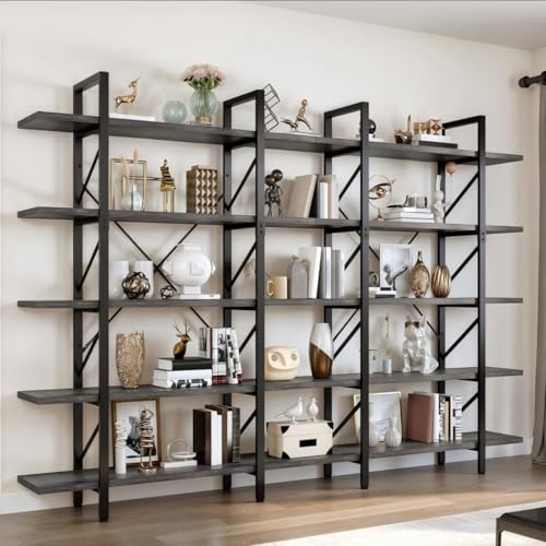 DWVO 5-Tier Bookshelf, 70.9" Tall Bookshelves Vintage BookCases with 5 Shelves Display Storage Shelves for Home Office, Living Room, Charcoal Gray