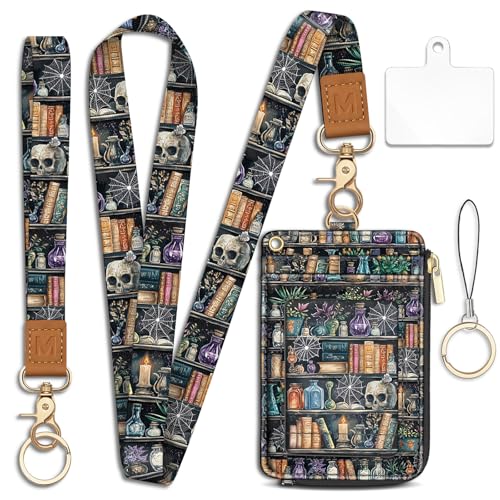 Goth Bookshelf Skull Lanyard Wallet with ID Badge Holder, Witchy Small RFID Wallet Women Keychain Wristlet, Slim Credit Card Holder with Zipper Pocket Phone Lanyard Wrist Strap Name Tag Office Teacher