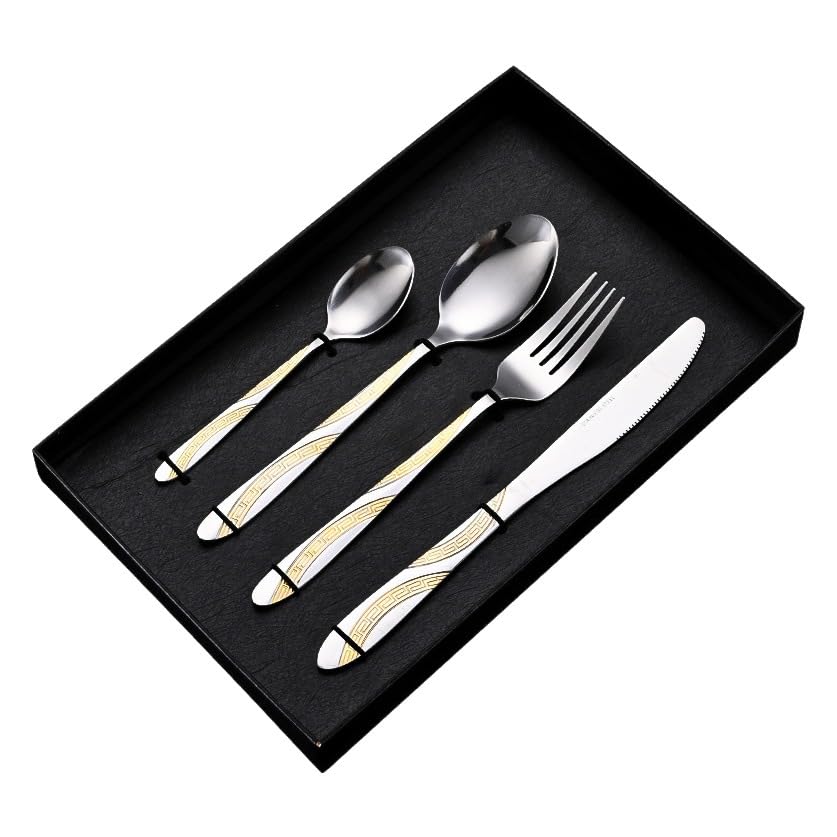 ONUIFIKE Silverware Set, 4/16/24/32/40/48 Pieces Forks Stainless Steel Cutlery Knife And Fork Spoon Retro Relief Spoon Hotel Steak Knife And Fork Set, Home Cutlery Flatware Set(Gold,48 Piece set for