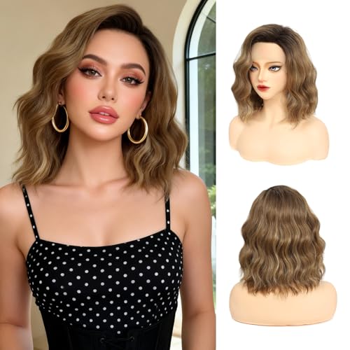 AliRobam Short Brown Highlight Wavy Bob Wig for Women Free