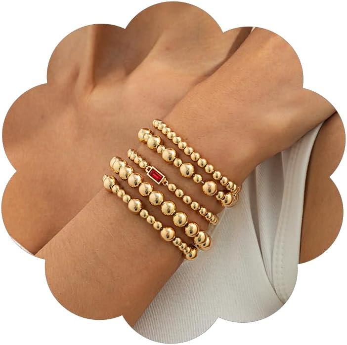 Gold Ball Bracelets for Women Chunky Stackable Bracelets Big Gold Silver Ball Bangle Stretch Beaded Bracelets Jewelry