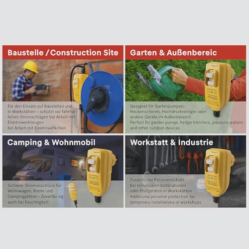 Kaper PRCD Personenschutzstecker, 16A 230V IP54, Tragbarer FI-Schutzschalter mit 30mA Auslösestrom, Wasserdicht für Baustelle, Garten, Camping und Werkstatt