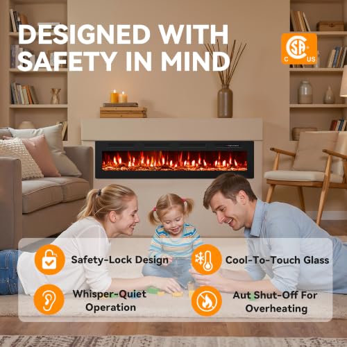 Image of Tehanld 72 inch Ultra-Thin Electric Fireplace Heater, Recessed Wall Mounted | 60-99F Thermostat, 0 /750 /1500W, Child Lock, Realistic Flame, Log & Crystal, Linear Design for Large Room Built-in