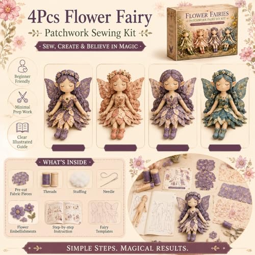 Kit de costura premium: 4 muñecas de tela aladas DIY con materiales de patchwork completos 5