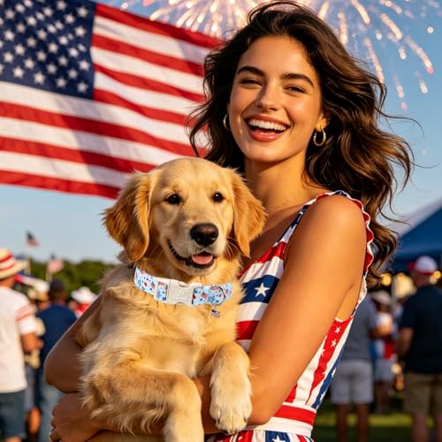 Image of Forth of July Dog Collar, 4th of July Comfortable Cotton Dog Collar, American Flag Collar for Puppy Girl Boy Dog or Cat, Patriotic Bowtie Collar with Metal Buckle, L