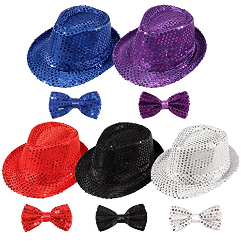 Elfcool 10 Pcs Unisex Sequin Fedora Hat Sequin Bow Ties Set Bling Retro Dance Jazz Cap Funky Party...