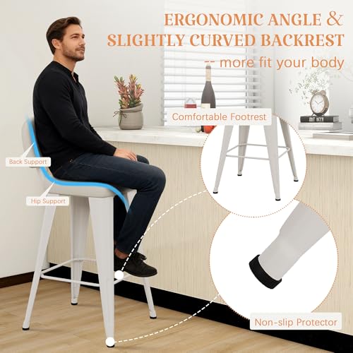 Image of Yongchuang 26 inch Bar Stools with Backs Set of 2 PU Leather Modern Counter Height Stools Upholstered Metal Kitchen Island Bar Chairs Grayish White