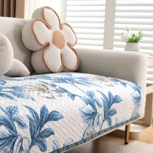 Image of HOKIPO 'HomeHues Series' Printed Quilted Sofa Cover Mat for 2 Seater Sofa, Celadon Blue Camellia (IN-807-D8*1)