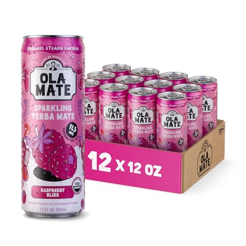 Image of Yerba Mate Energy Drink - Low Sugar Sparkling Tea Cans with Ashwagandha, Lion's Mane, USDA Organic Clean Energy Drink with 125mg Natural Caffeine, Ola Mate Raspberry Bliss
