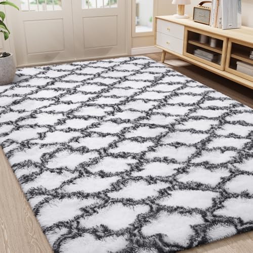 LOCHAS Luxury Shag Area Rug 5x8 Feet Geometric Plush Fluffy Rugs, Extra Soft Carpet Runner Rugs for Bedroom Living Room Dorm Kids, High Pile Shaggy Floor Rug Decor, White/Black